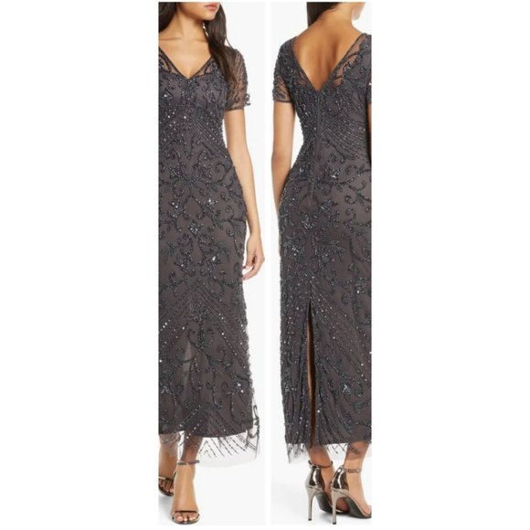 Pisarro Nights Beaded Mesh Column Gown Slate/Gray Size 2 - Picture 1 of 3